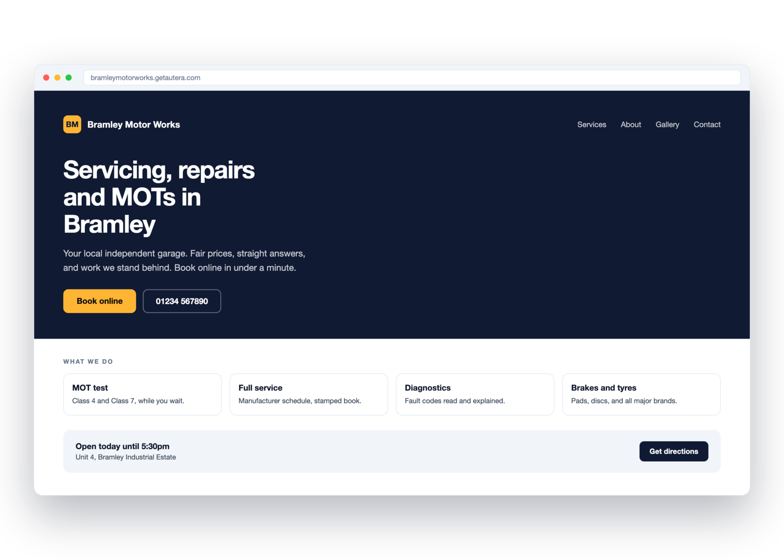 A published Autera garage website: Bramley Motor Works, servicing repairs and MOTs, with a book online button, service cards and today's opening hours.